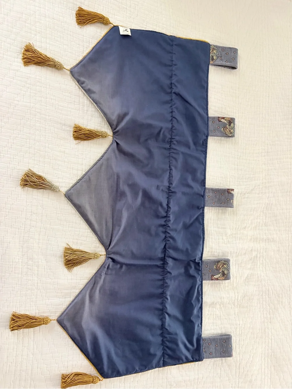 Vintage Rooster Print Window Valance in Denim Blue with Gold Tassels